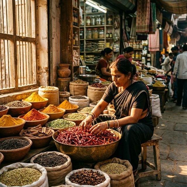 Traditional Indian spice market with colorful spices in large bowls, warm morning light